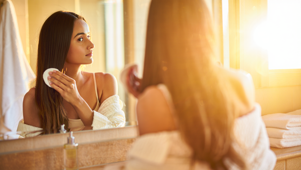 Une femme qui met du démaquillant sur ses cheveux