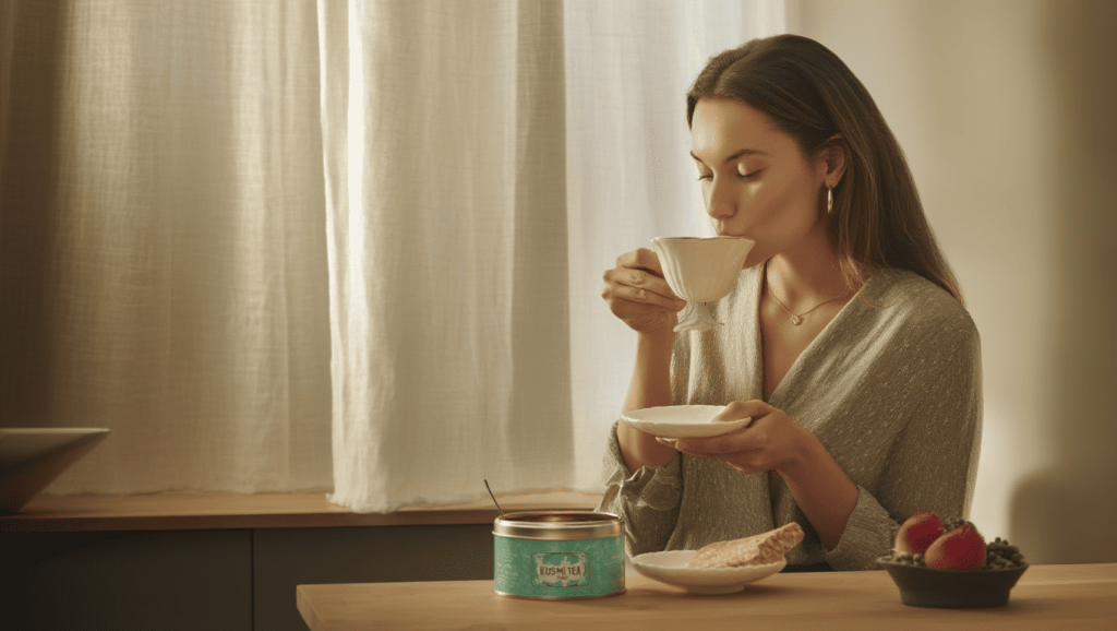 Une femme qui boit du Kusmi Tea