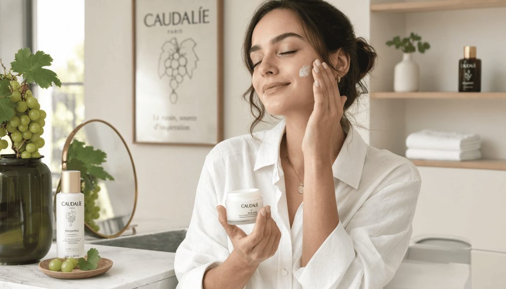 Une femme qui applique un produit Caudalie