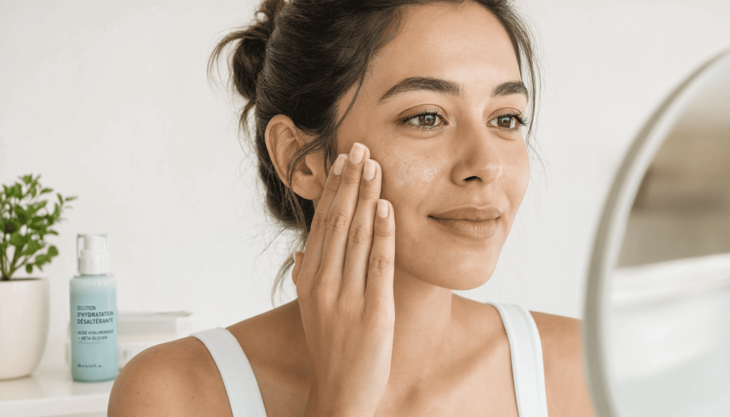 Une femme qui applique un produit rafraichissant